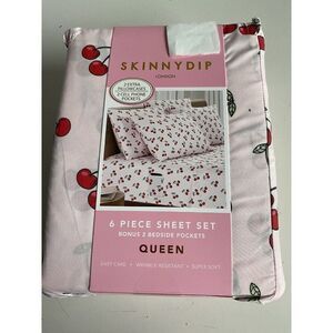 6 Pc Skinnydip Cherry QUEEN Size Sheet Set Soft Bedside Pockets For Cell Phones